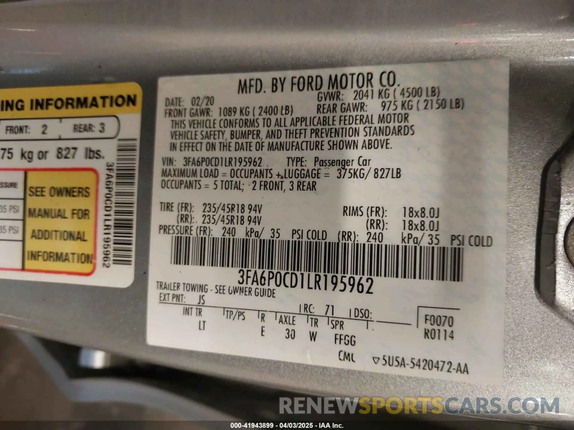 9 fotografías del automóvil dañado 3FA6P0CD1LR195962 FORD FUSION 2020