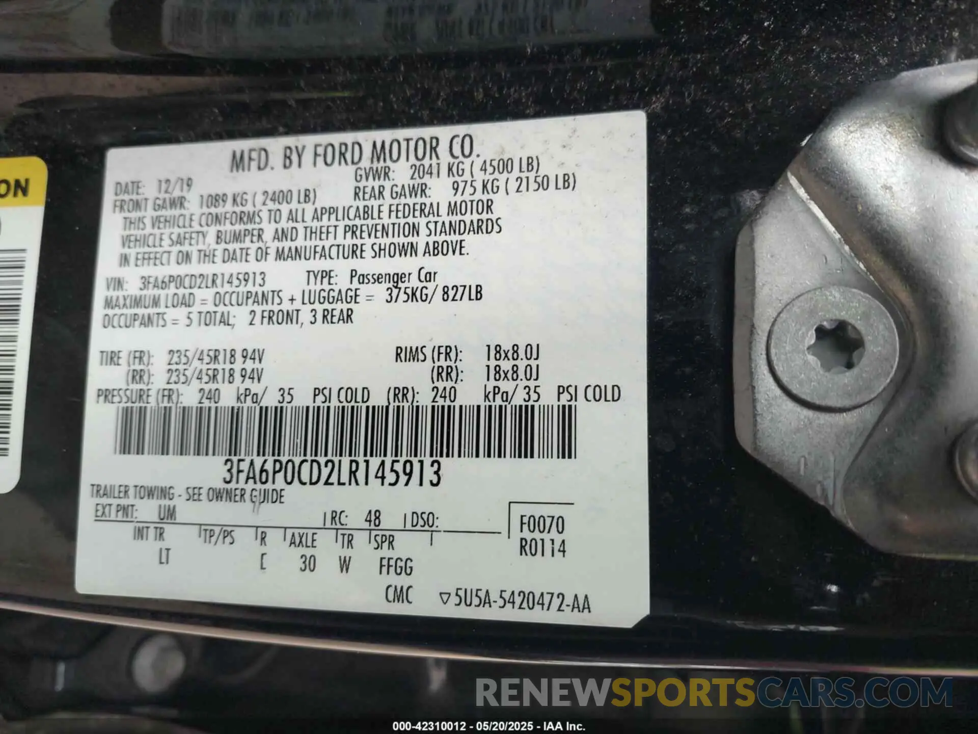 9 fotografías del automóvil dañado 3FA6P0CD2LR145913 FORD FUSION 2020