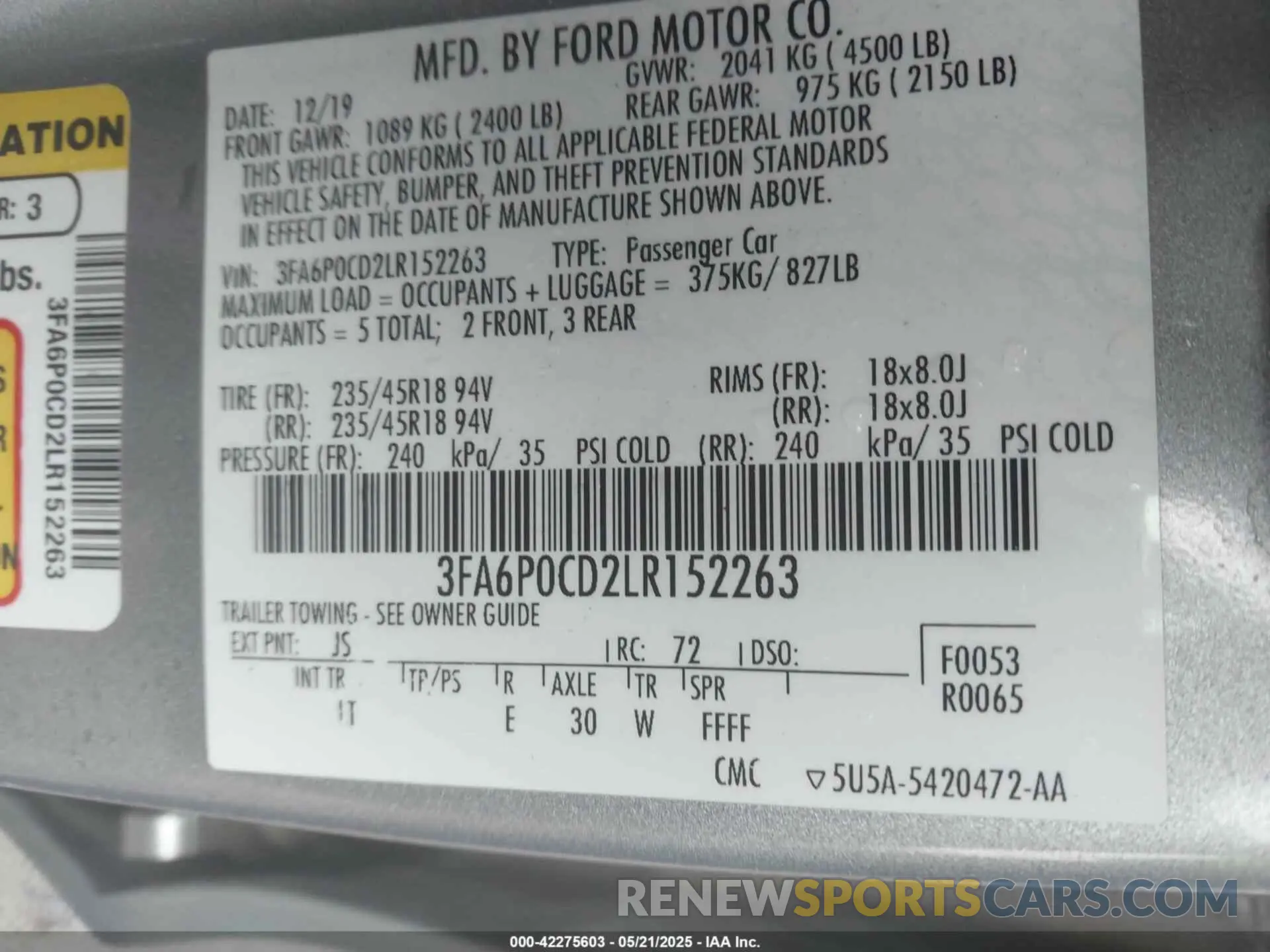 9 fotografías del automóvil dañado 3FA6P0CD2LR152263 FORD FUSION 2020