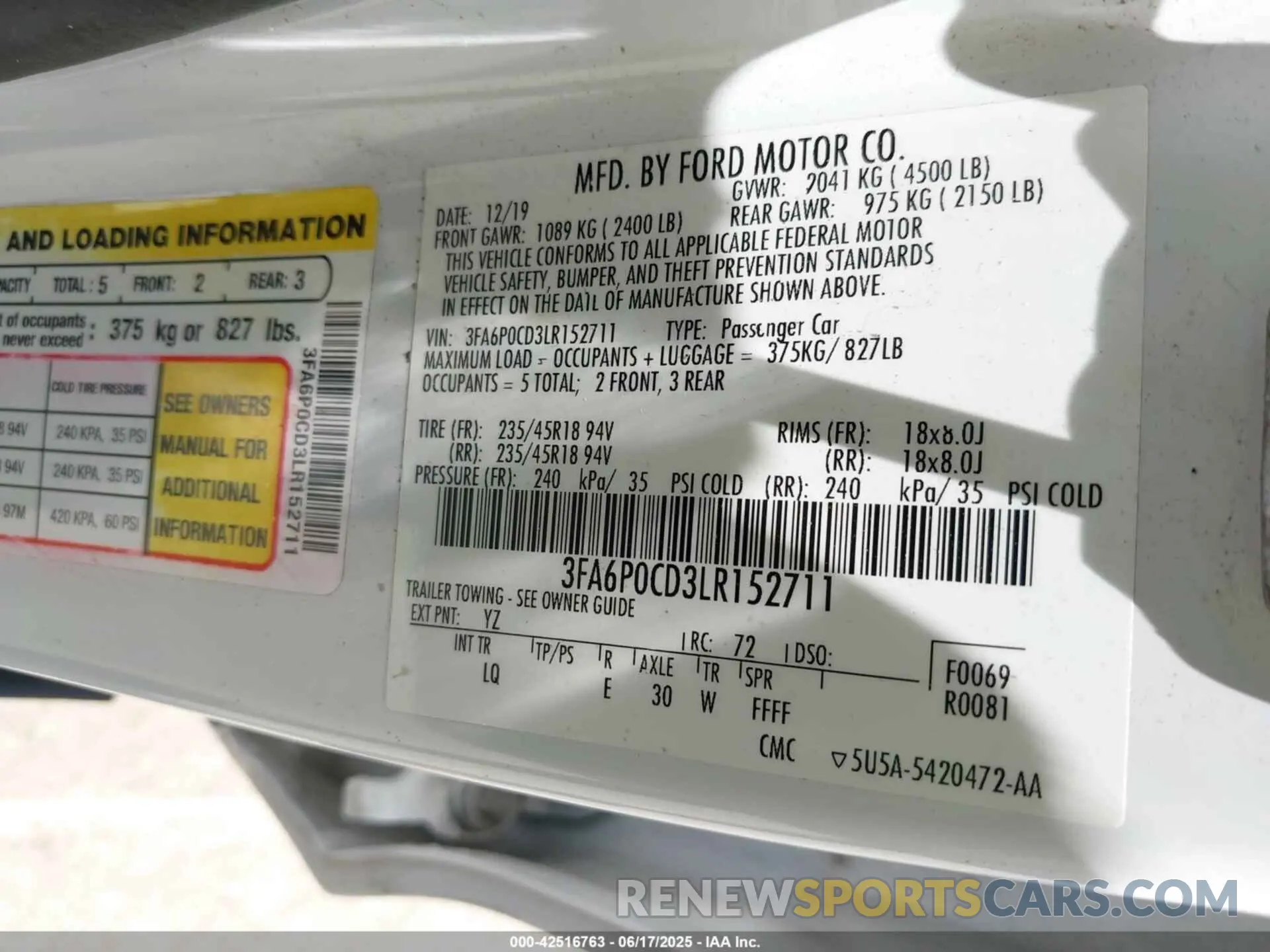 9 fotografías del automóvil dañado 3FA6P0CD3LR152711 FORD FUSION 2020