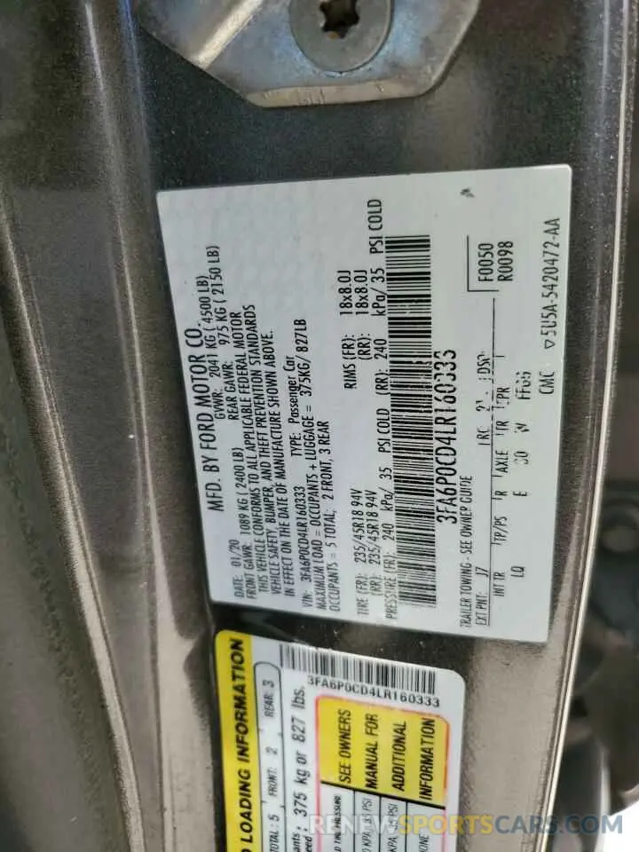 14 fotografías del automóvil dañado 3FA6P0CD4LR160333 FORD FUSION 2020