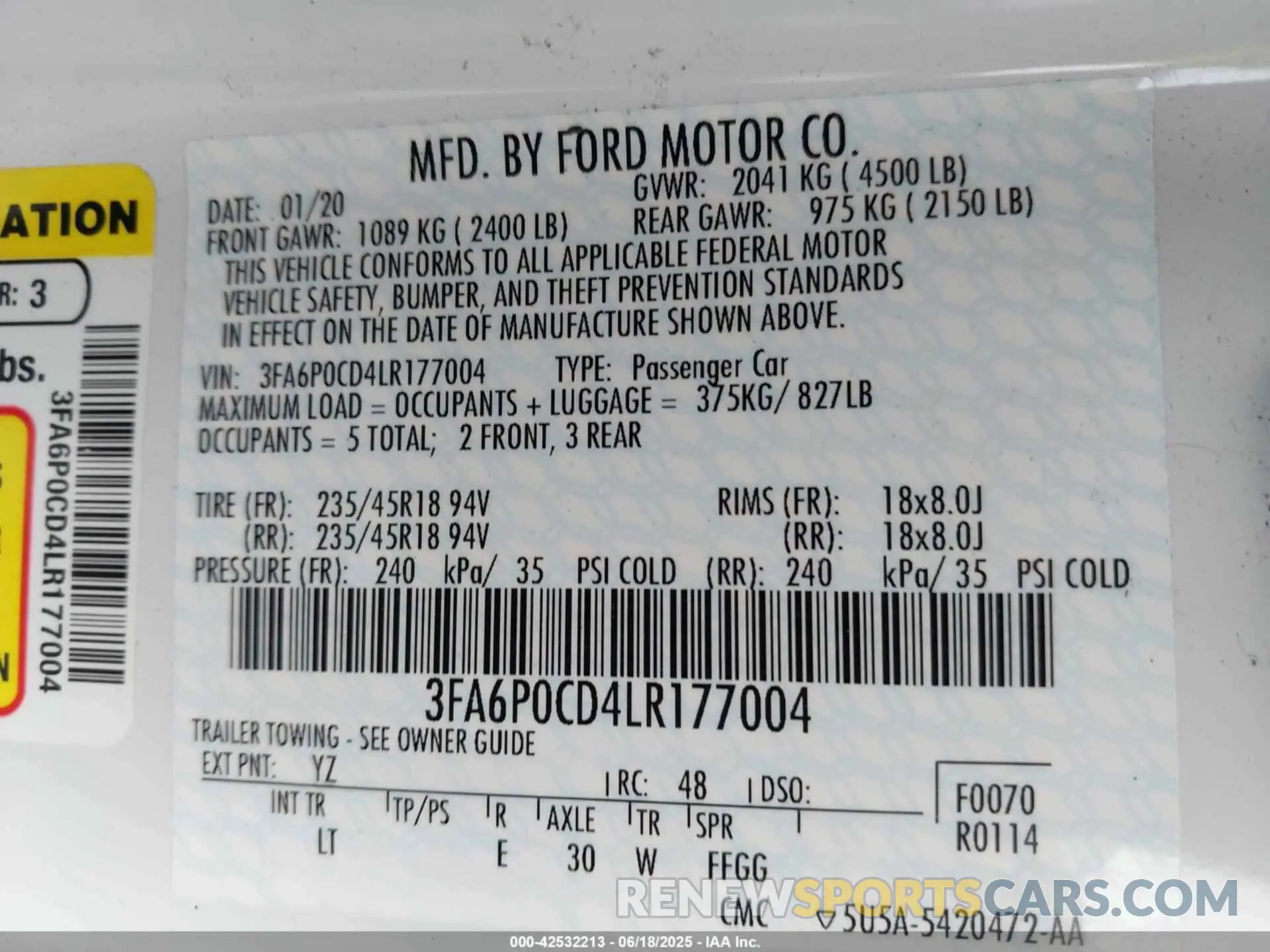 9 fotografías del automóvil dañado 3FA6P0CD4LR177004 FORD FUSION 2020
