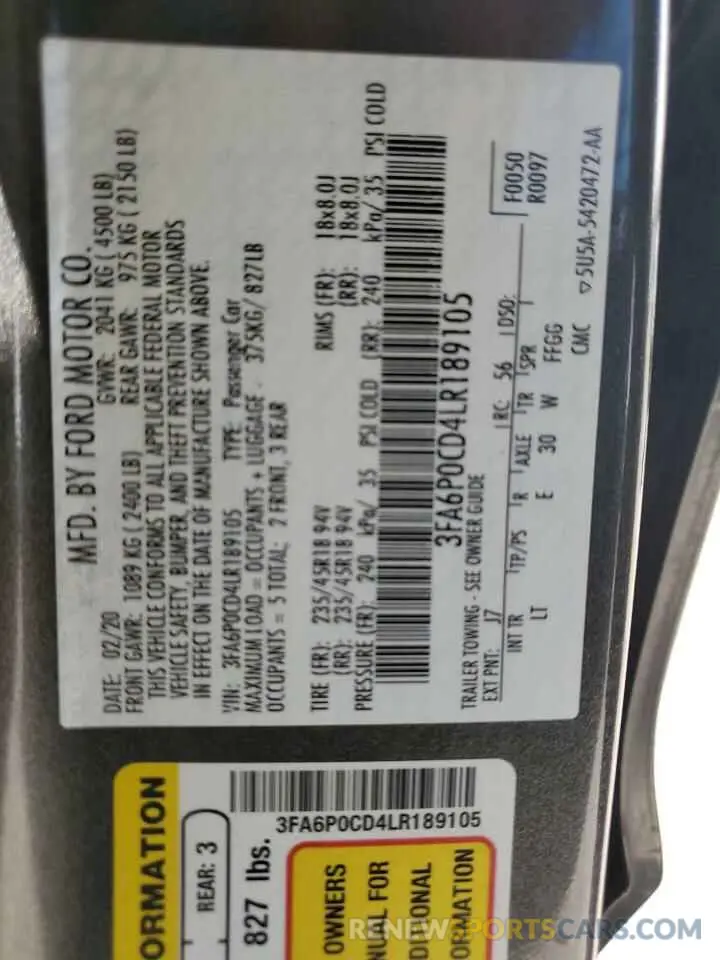 14 fotografías del automóvil dañado 3FA6P0CD4LR189105 FORD FUSION 2020