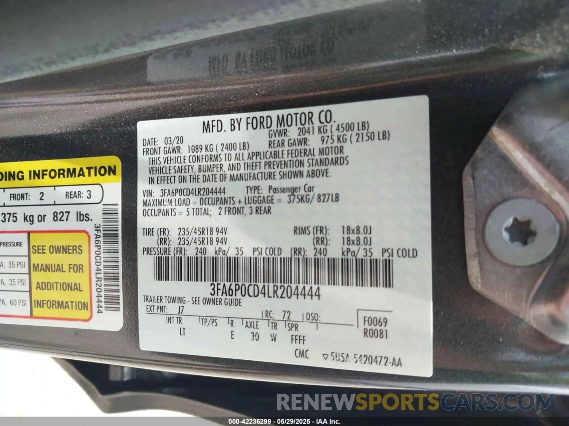 9 fotografías del automóvil dañado 3FA6P0CD4LR204444 FORD FUSION 2020