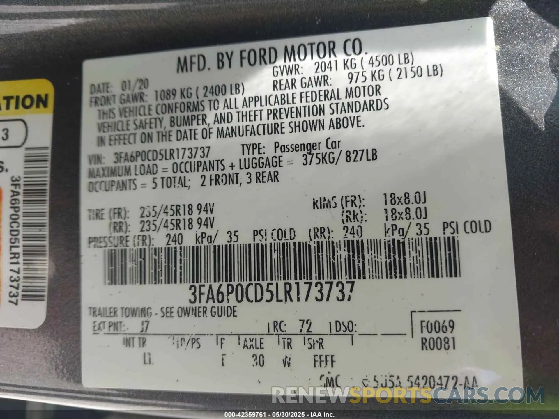 9 fotografías del automóvil dañado 3FA6P0CD5LR173737 FORD FUSION 2020