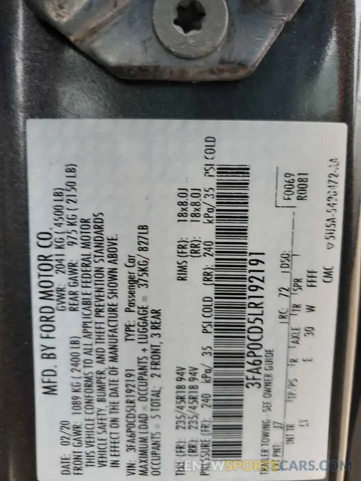 12 fotografías del automóvil dañado 3FA6P0CD5LR192191 FORD FUSION 2020