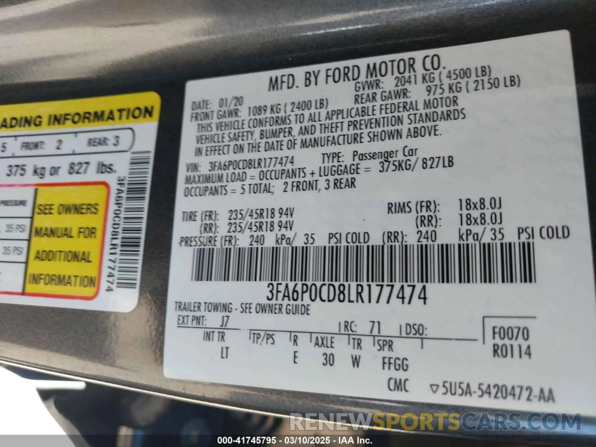 9 fotografías del automóvil dañado 3FA6P0CD8LR177474 FORD FUSION 2020