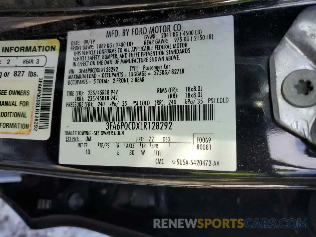 12 fotografías del automóvil dañado 3FA6P0CDXLR128292 FORD FUSION 2020