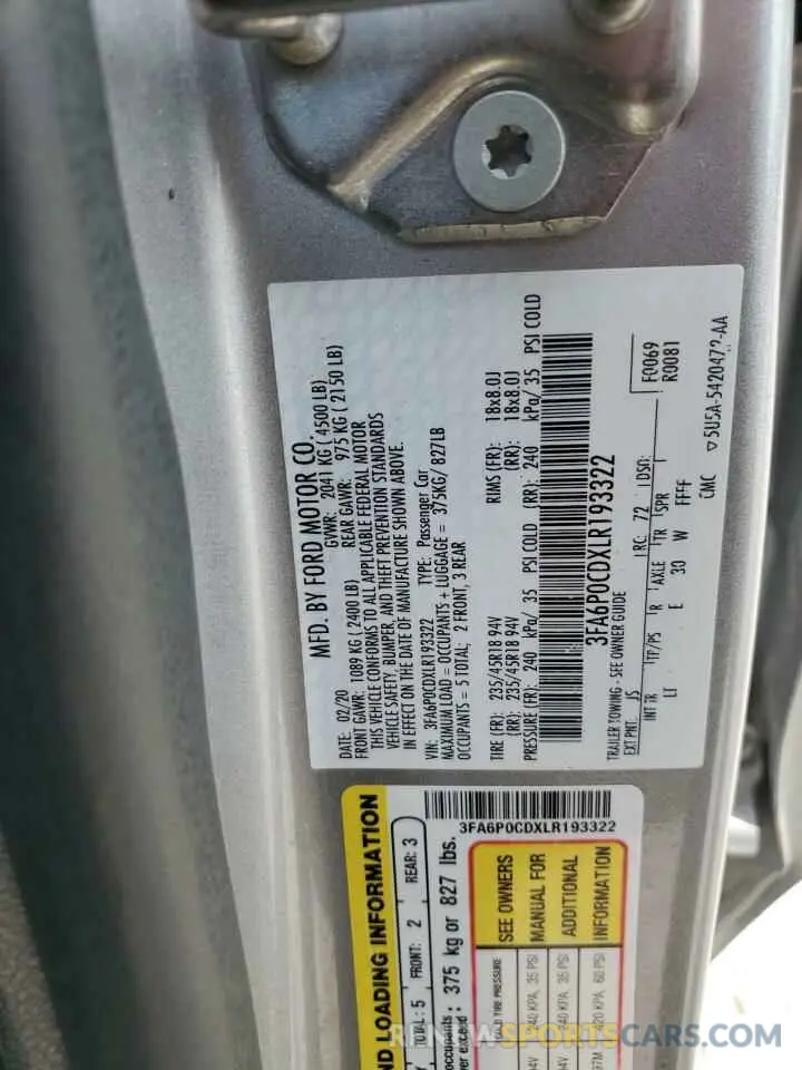 13 fotografías del automóvil dañado 3FA6P0CDXLR193322 FORD FUSION 2020