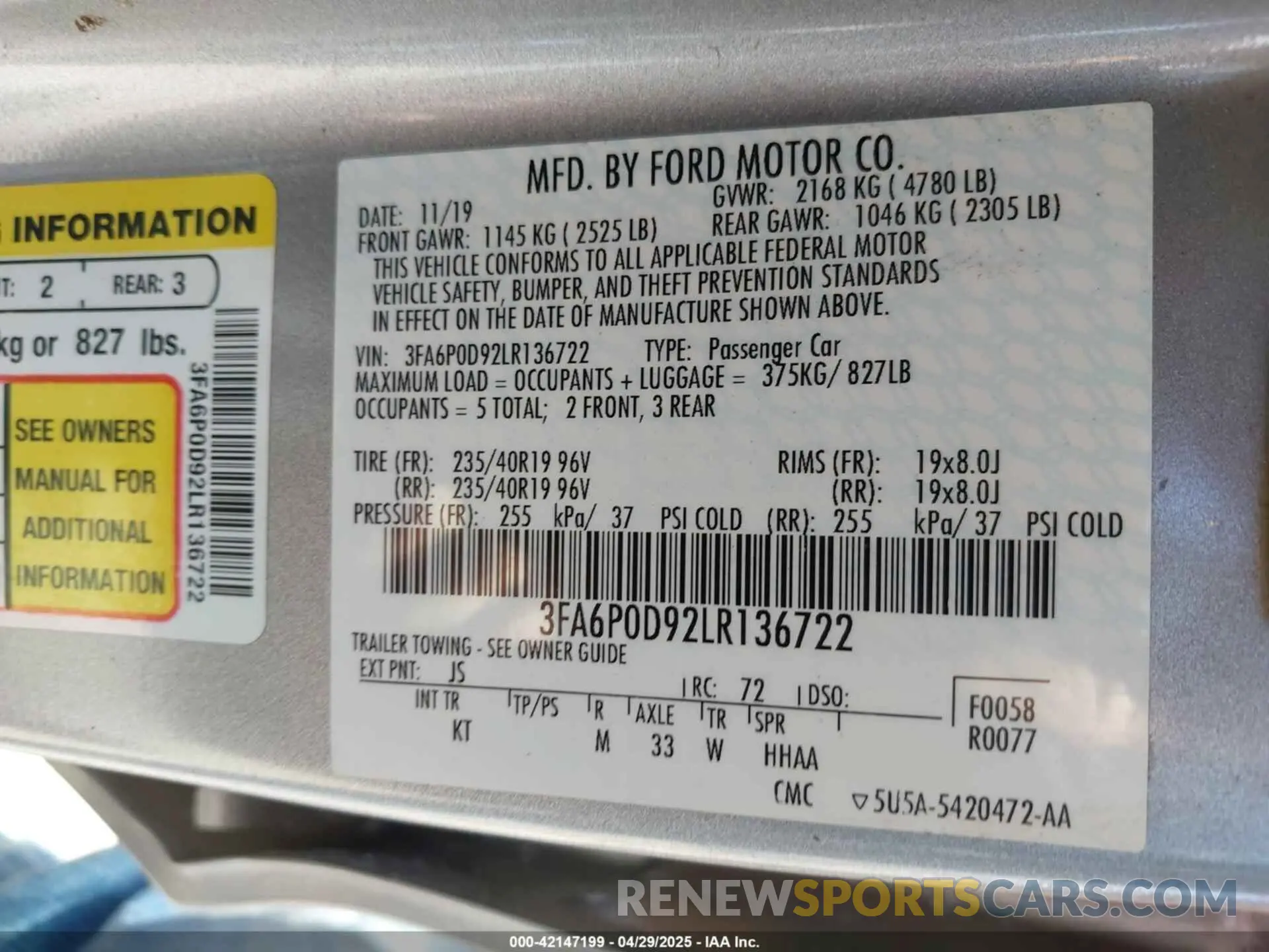 9 fotografías del automóvil dañado 3FA6P0D92LR136722 FORD FUSION 2020