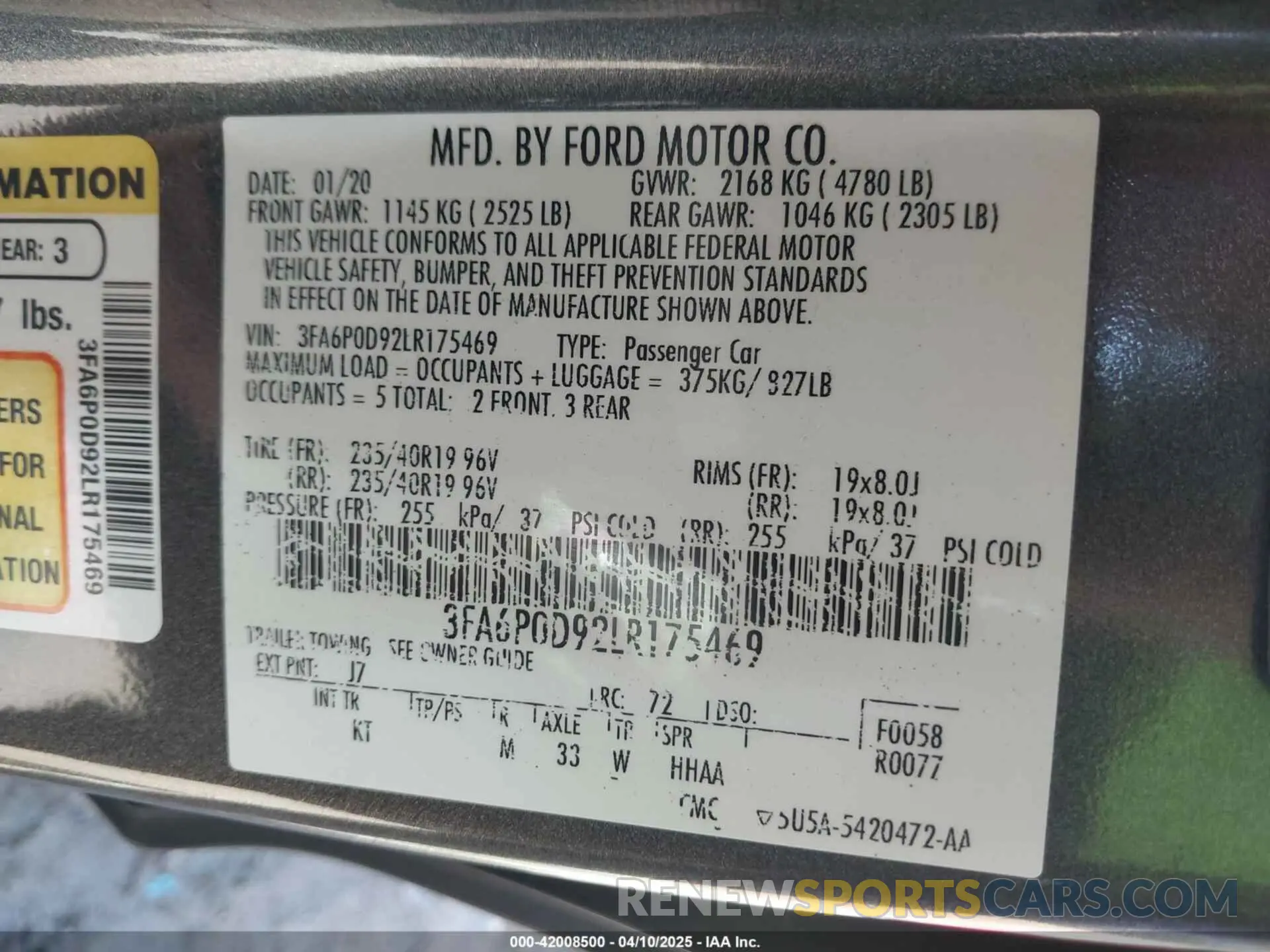 9 fotografías del automóvil dañado 3FA6P0D92LR175469 FORD FUSION 2020