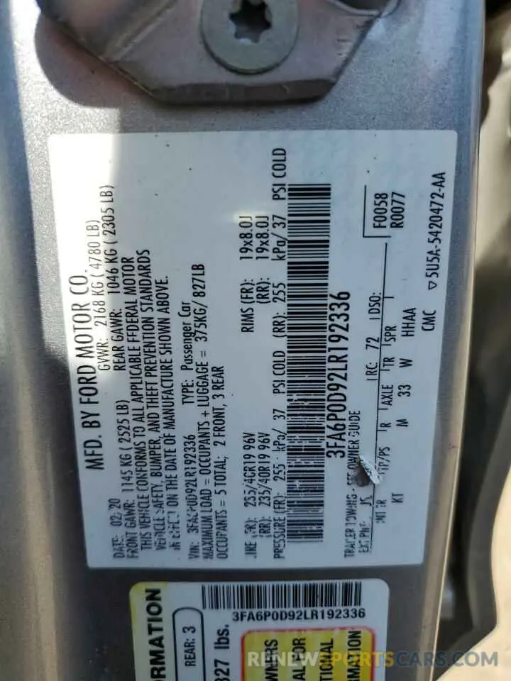 12 fotografías del automóvil dañado 3FA6P0D92LR192336 FORD FUSION 2020