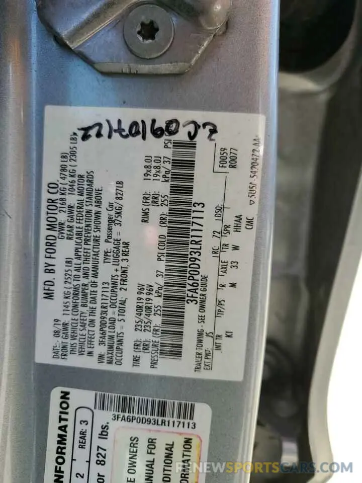 13 fotografías del automóvil dañado 3FA6P0D93LR117113 FORD FUSION 2020