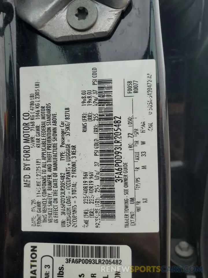 12 fotografías del automóvil dañado 3FA6P0D93LR205482 FORD FUSION 2020