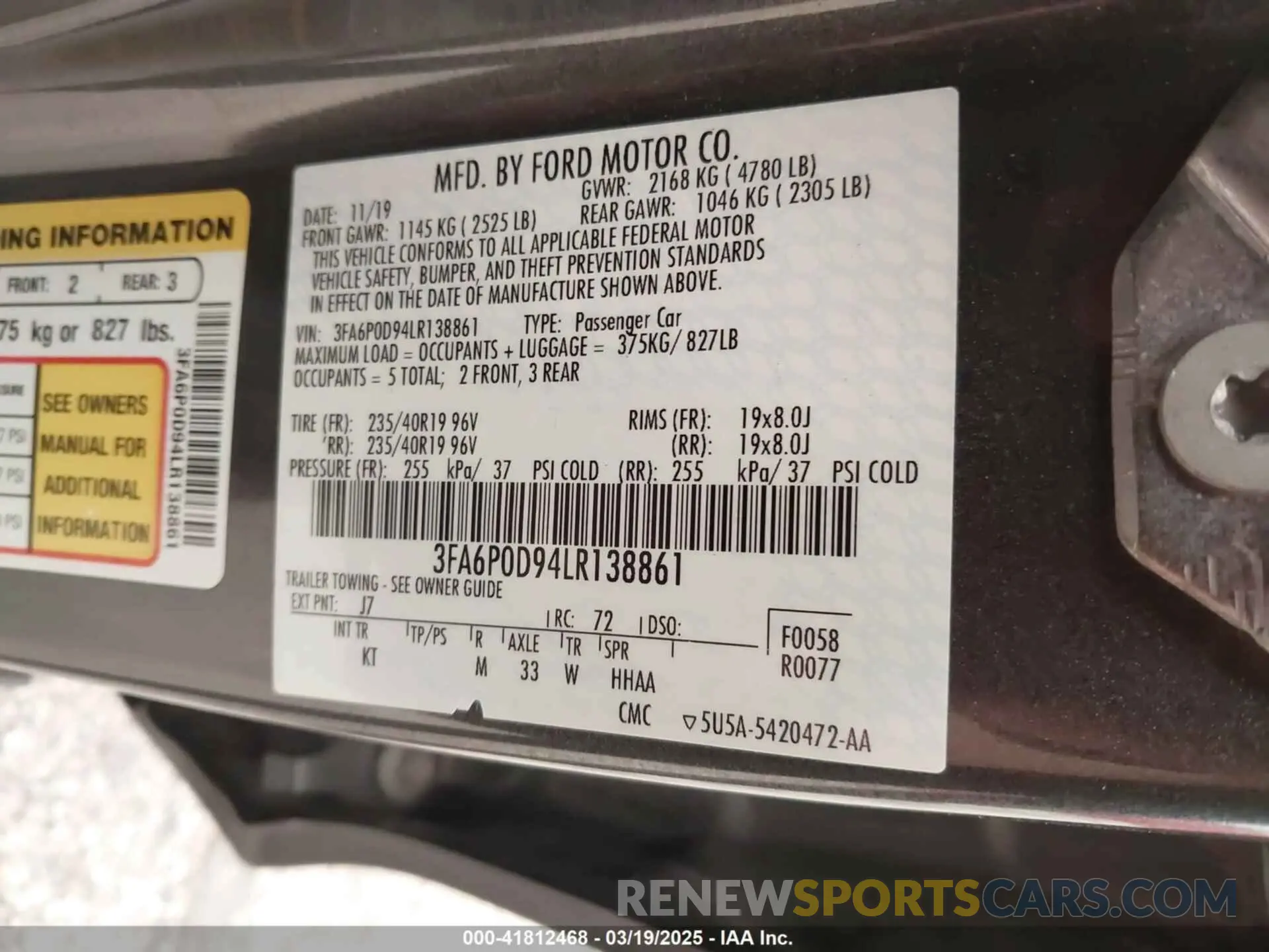 9 fotografías del automóvil dañado 3FA6P0D94LR138861 FORD FUSION 2020