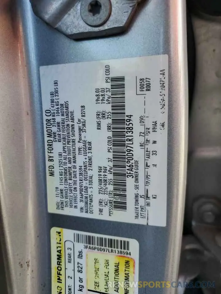 12 fotografías del automóvil dañado 3FA6P0D97LR138594 FORD FUSION 2020