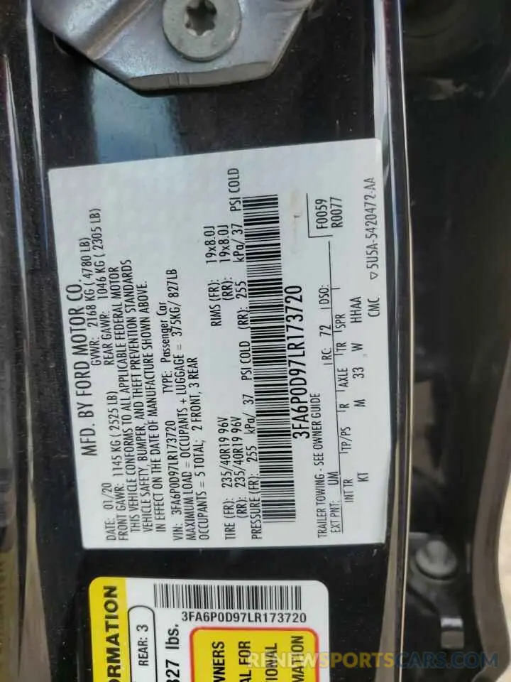 12 fotografías del automóvil dañado 3FA6P0D97LR173720 FORD FUSION 2020