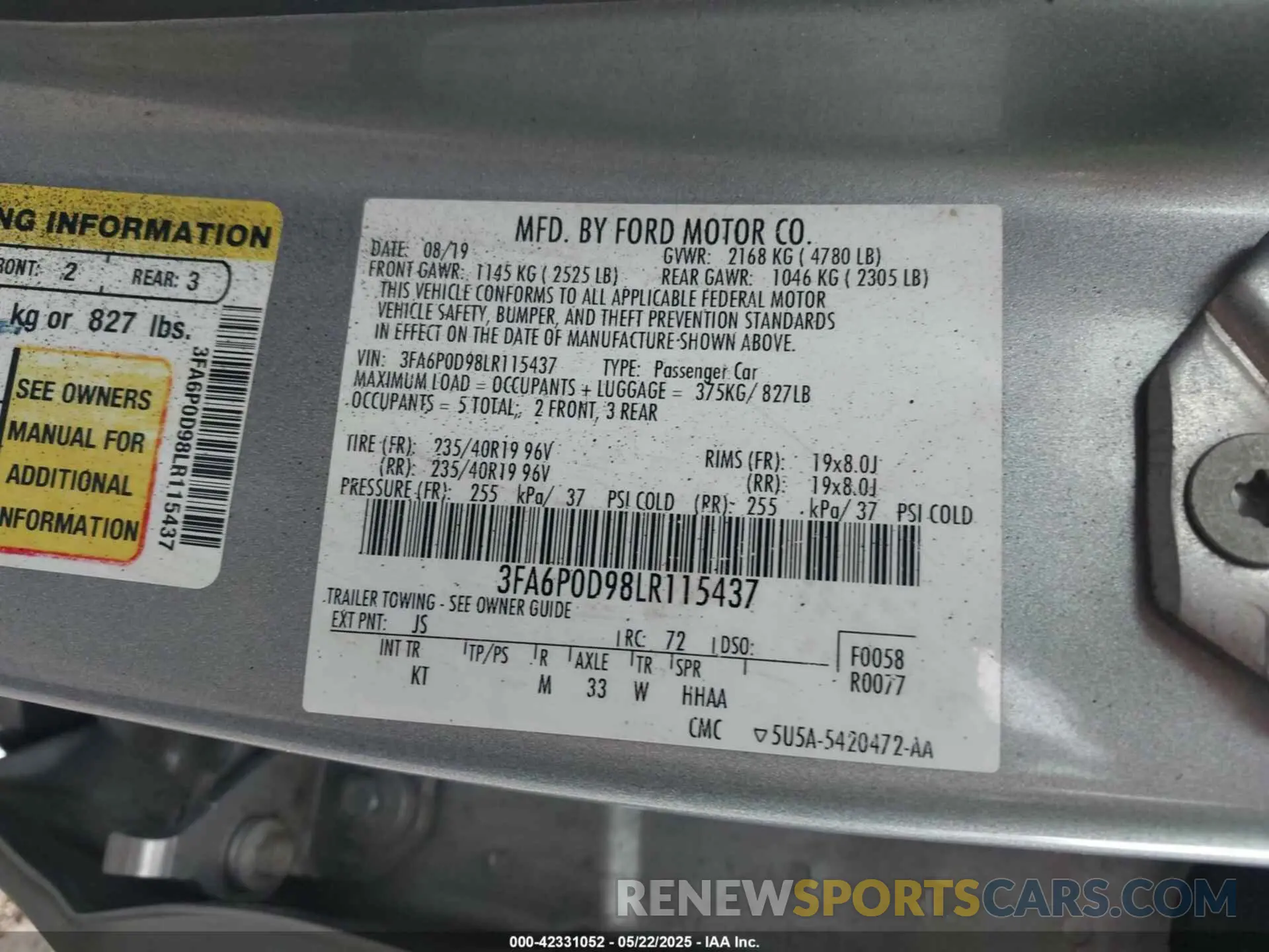 9 fotografías del automóvil dañado 3FA6P0D98LR115437 FORD FUSION 2020