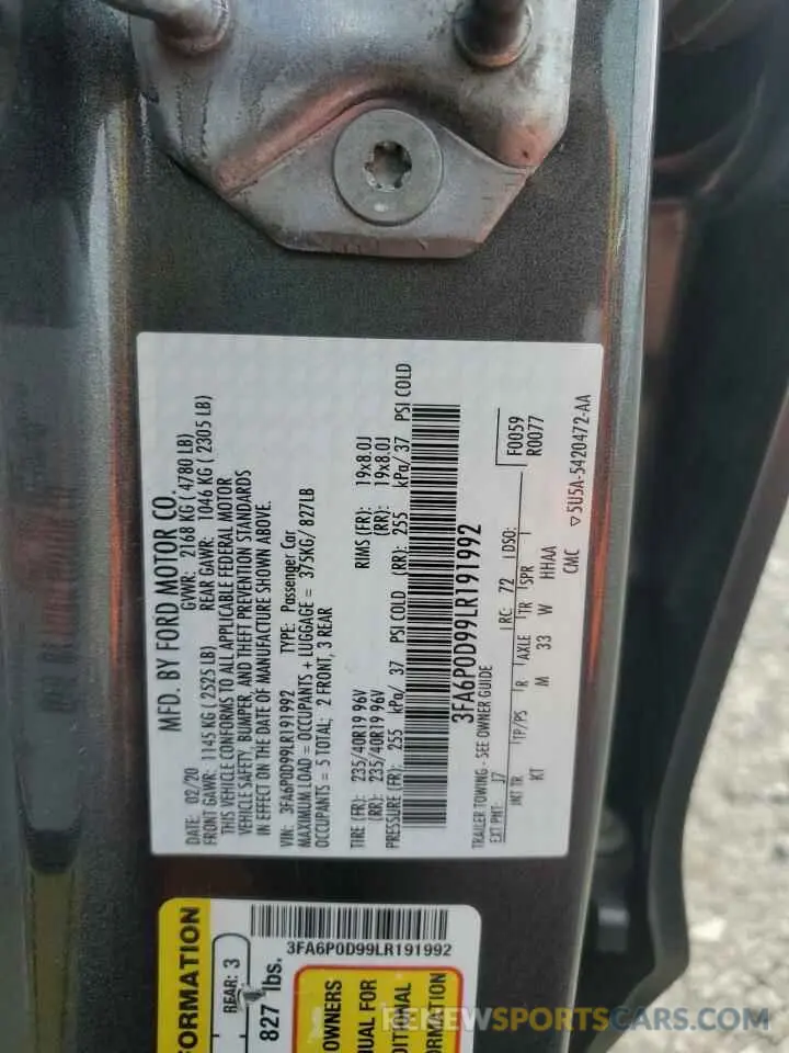 12 fotografías del automóvil dañado 3FA6P0D99LR191992 FORD FUSION 2020