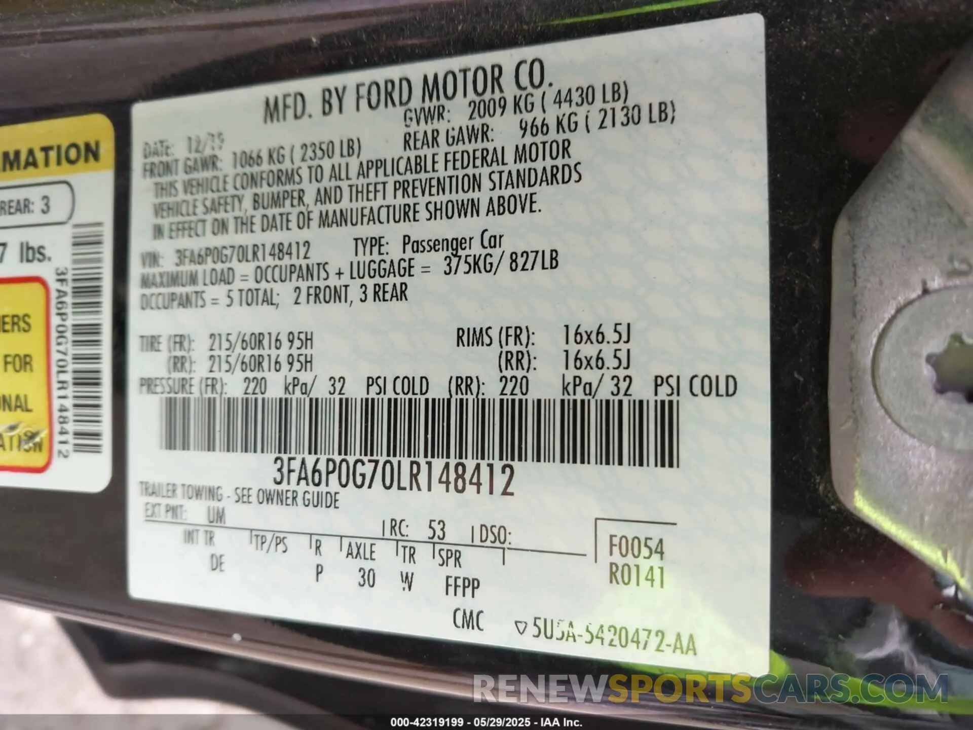 9 fotografías del automóvil dañado 3FA6P0G70LR148412 FORD FUSION 2020