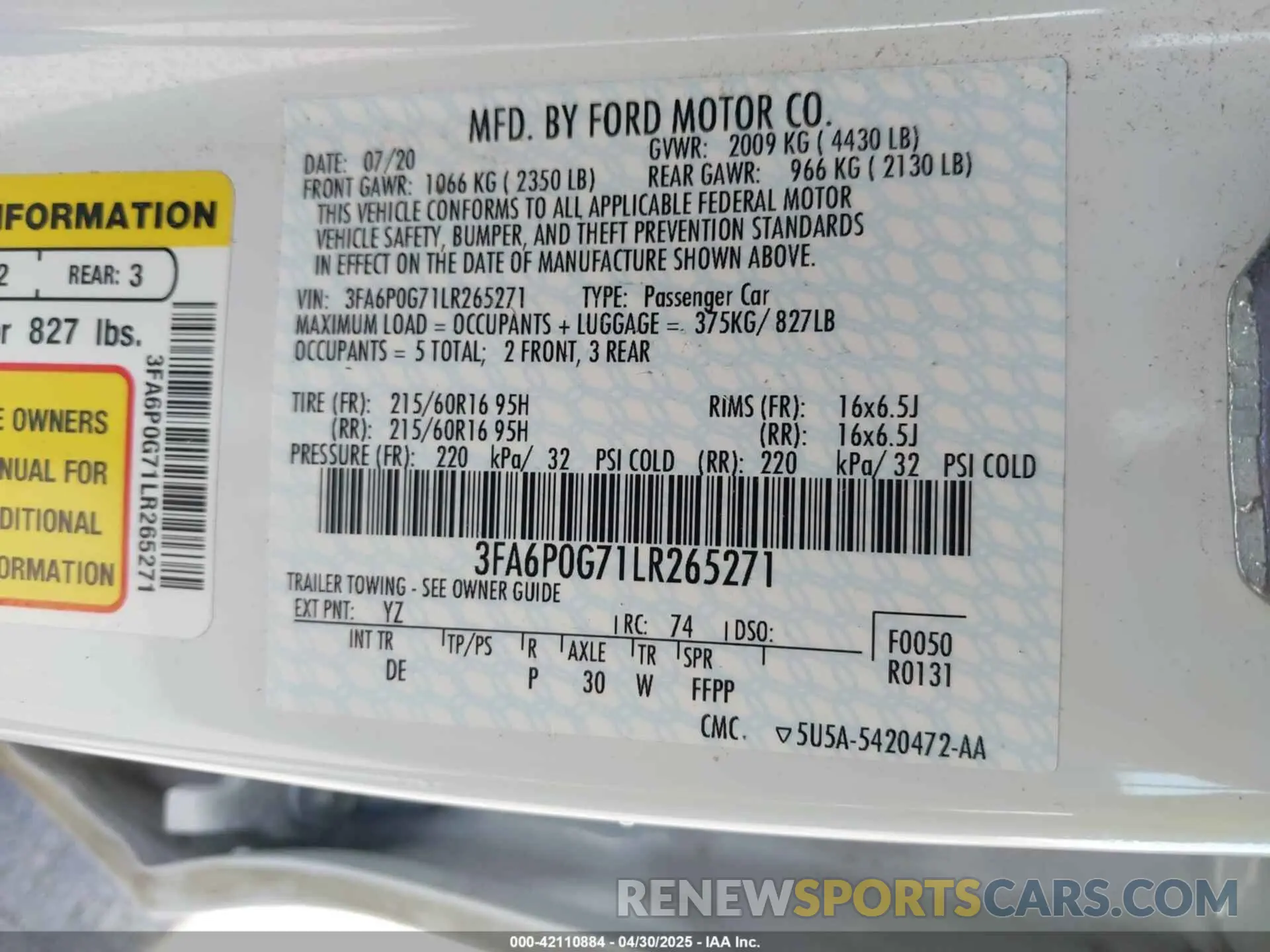 9 fotografías del automóvil dañado 3FA6P0G71LR265271 FORD FUSION 2020