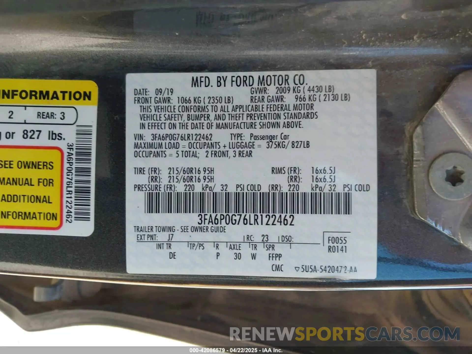9 fotografías del automóvil dañado 3FA6P0G76LR122462 FORD FUSION 2020