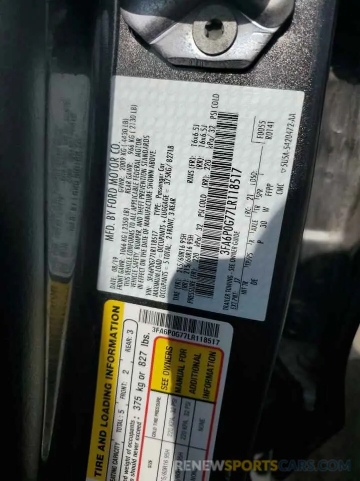 12 fotografías del automóvil dañado 3FA6P0G77LR118517 FORD FUSION 2020