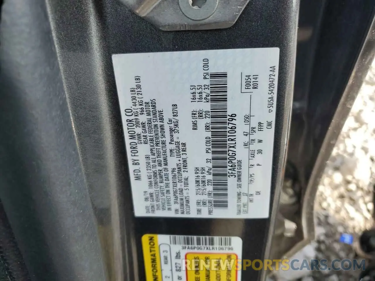 13 fotografías del automóvil dañado 3FA6P0G7XLR106796 FORD FUSION 2020