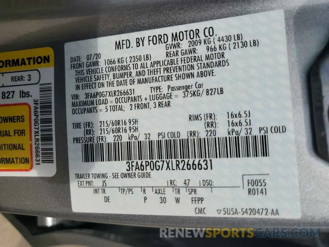 13 fotografías del automóvil dañado 3FA6P0G7XLR266631 FORD FUSION 2020