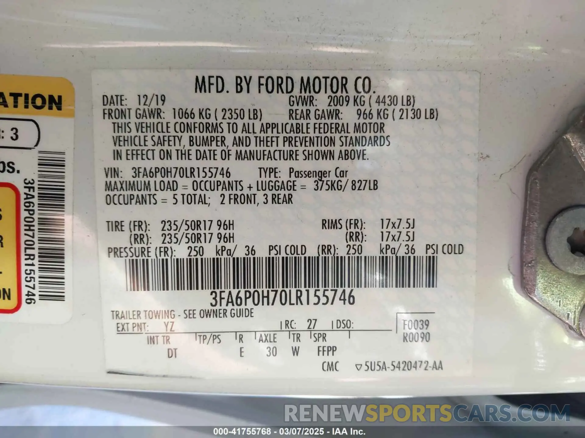 9 fotografías del automóvil dañado 3FA6P0H70LR155746 FORD FUSION 2020