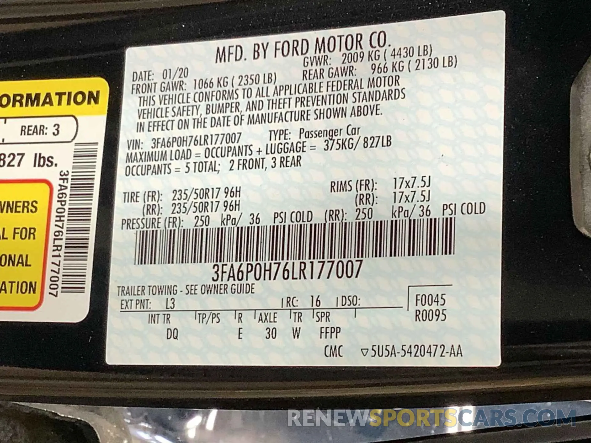 3 fotografías del automóvil dañado 3FA6P0H76LR177007 FORD FUSION 2020