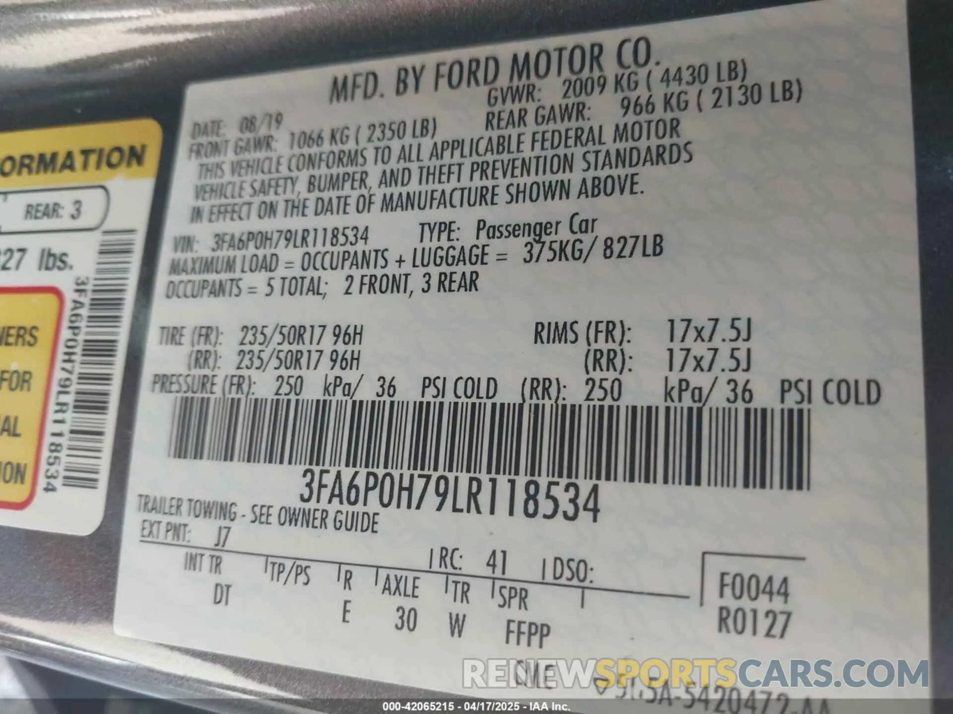 9 fotografías del automóvil dañado 3FA6P0H79LR118534 FORD FUSION 2020