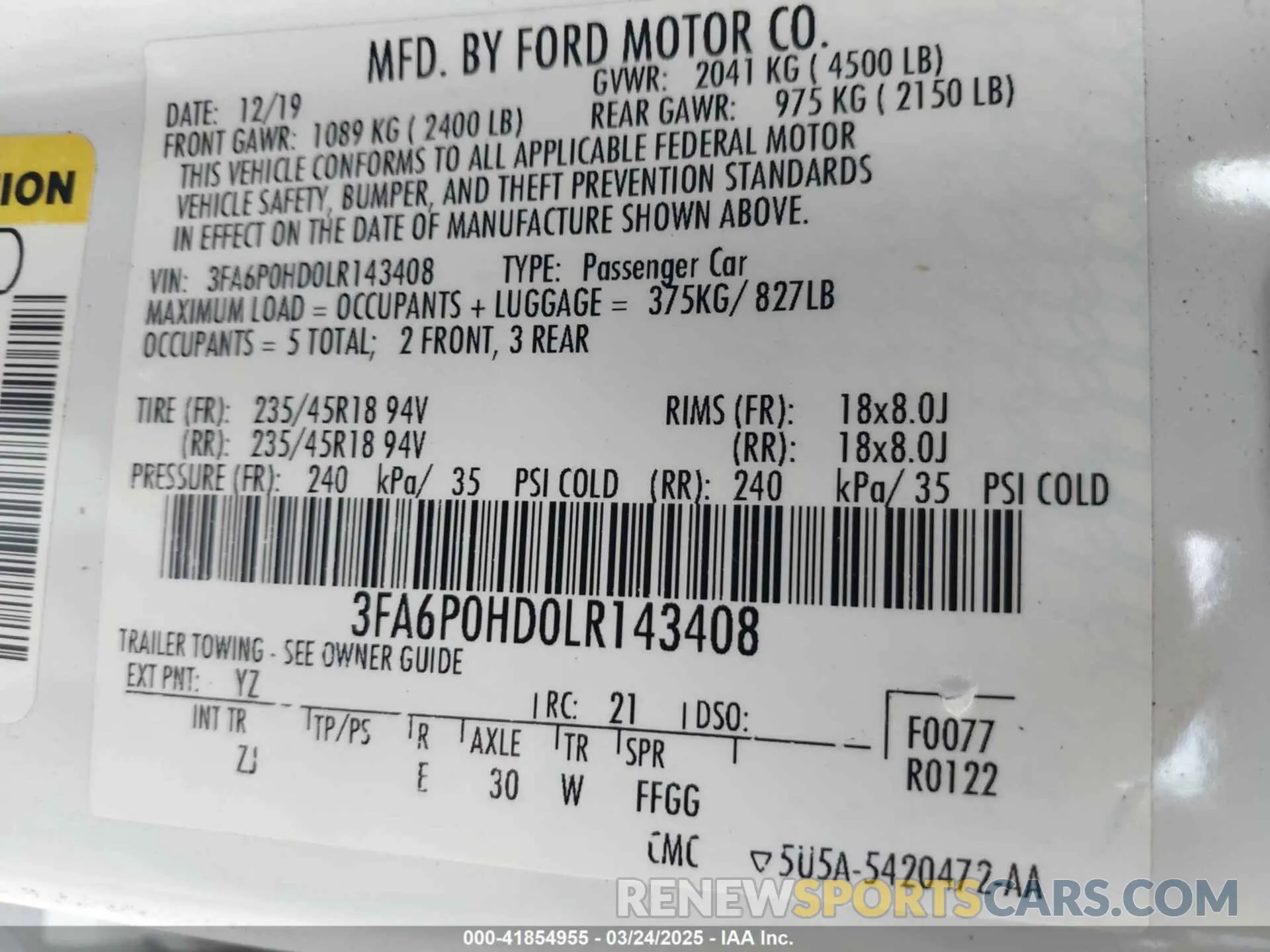 9 fotografías del automóvil dañado 3FA6P0HD0LR143408 FORD FUSION 2020