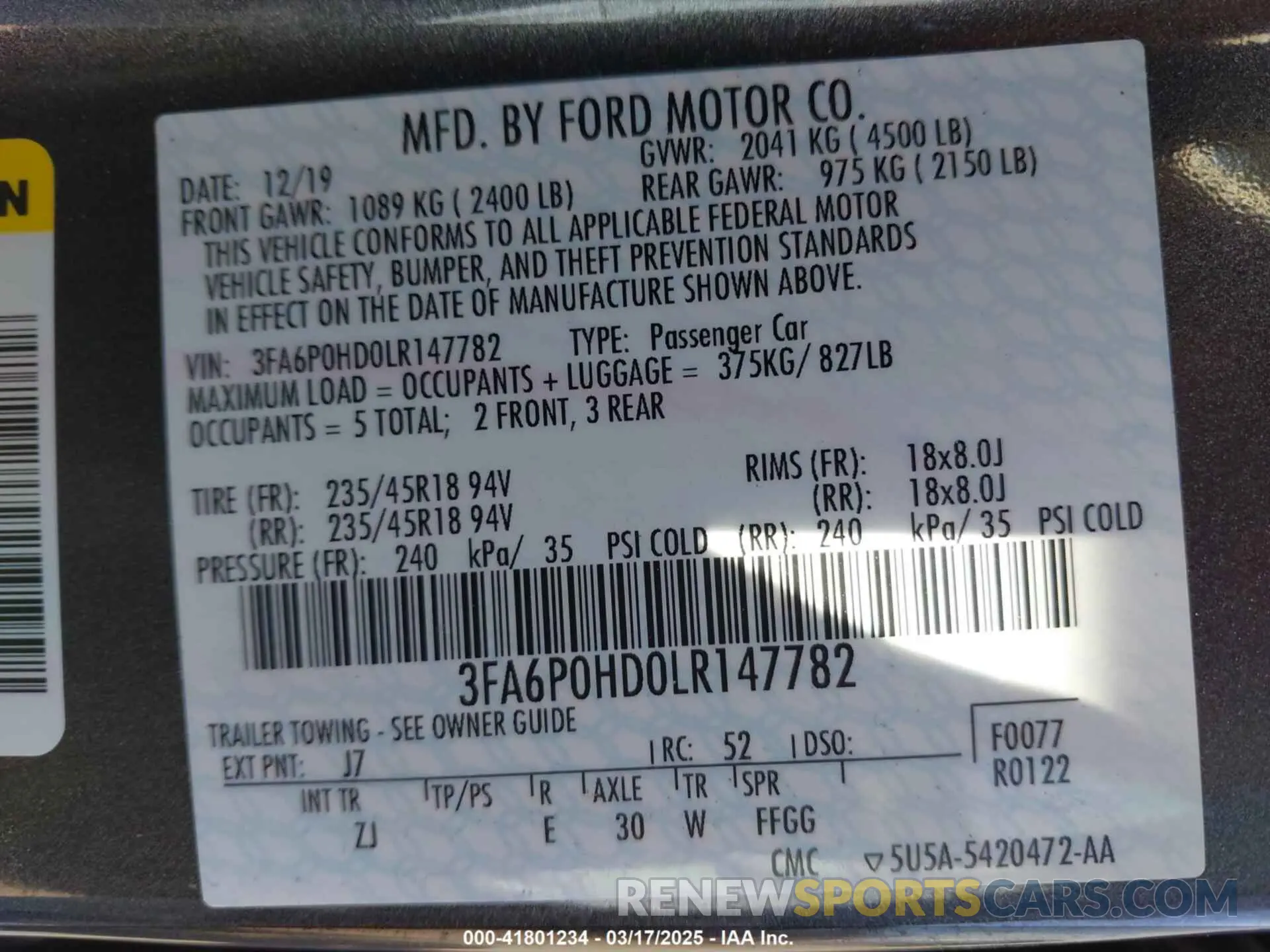 9 fotografías del automóvil dañado 3FA6P0HD0LR147782 FORD FUSION 2020
