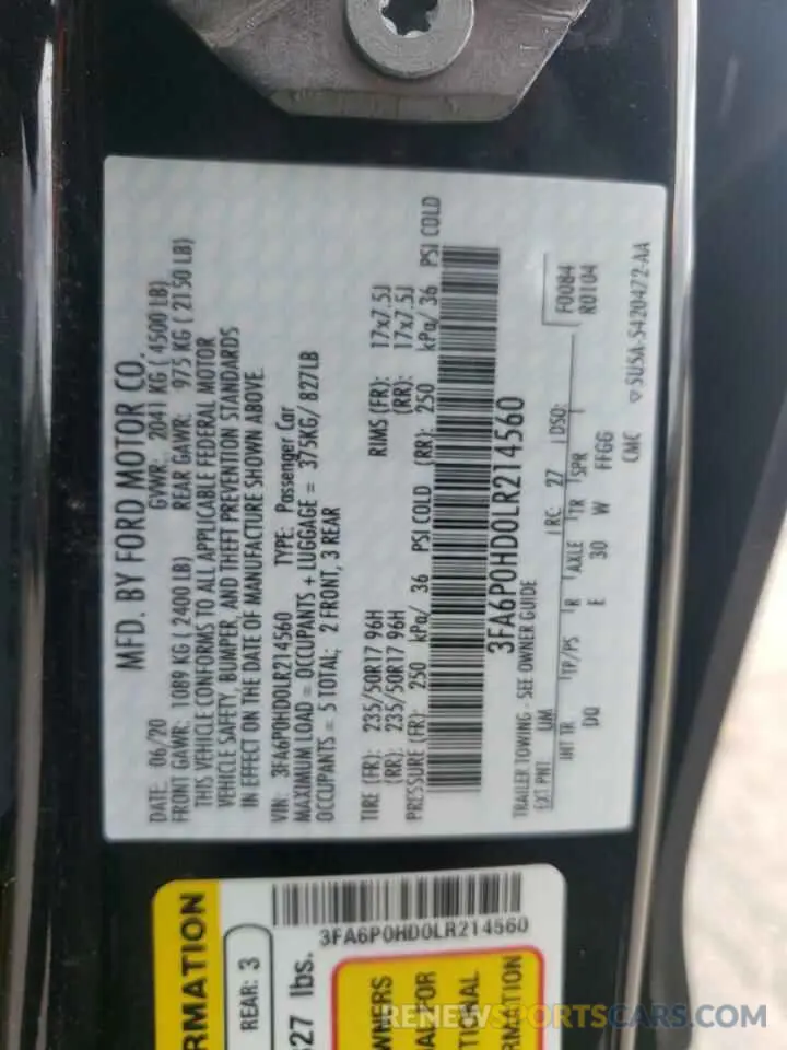 12 fotografías del automóvil dañado 3FA6P0HD0LR214560 FORD FUSION 2020