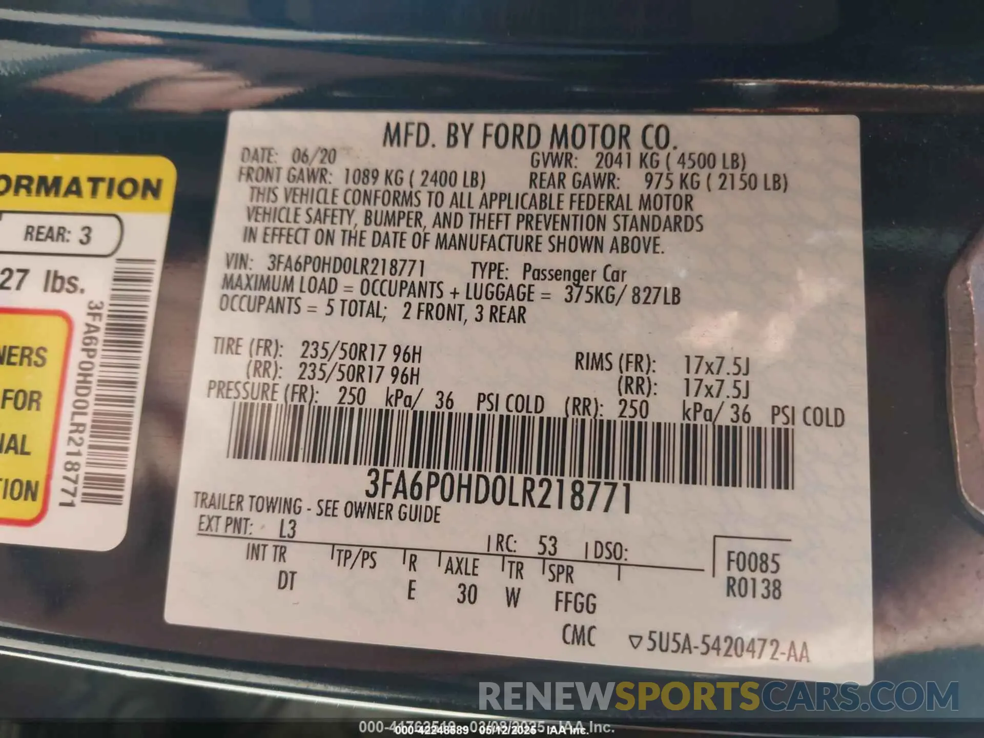 9 fotografías del automóvil dañado 3FA6P0HD0LR218771 FORD FUSION 2020