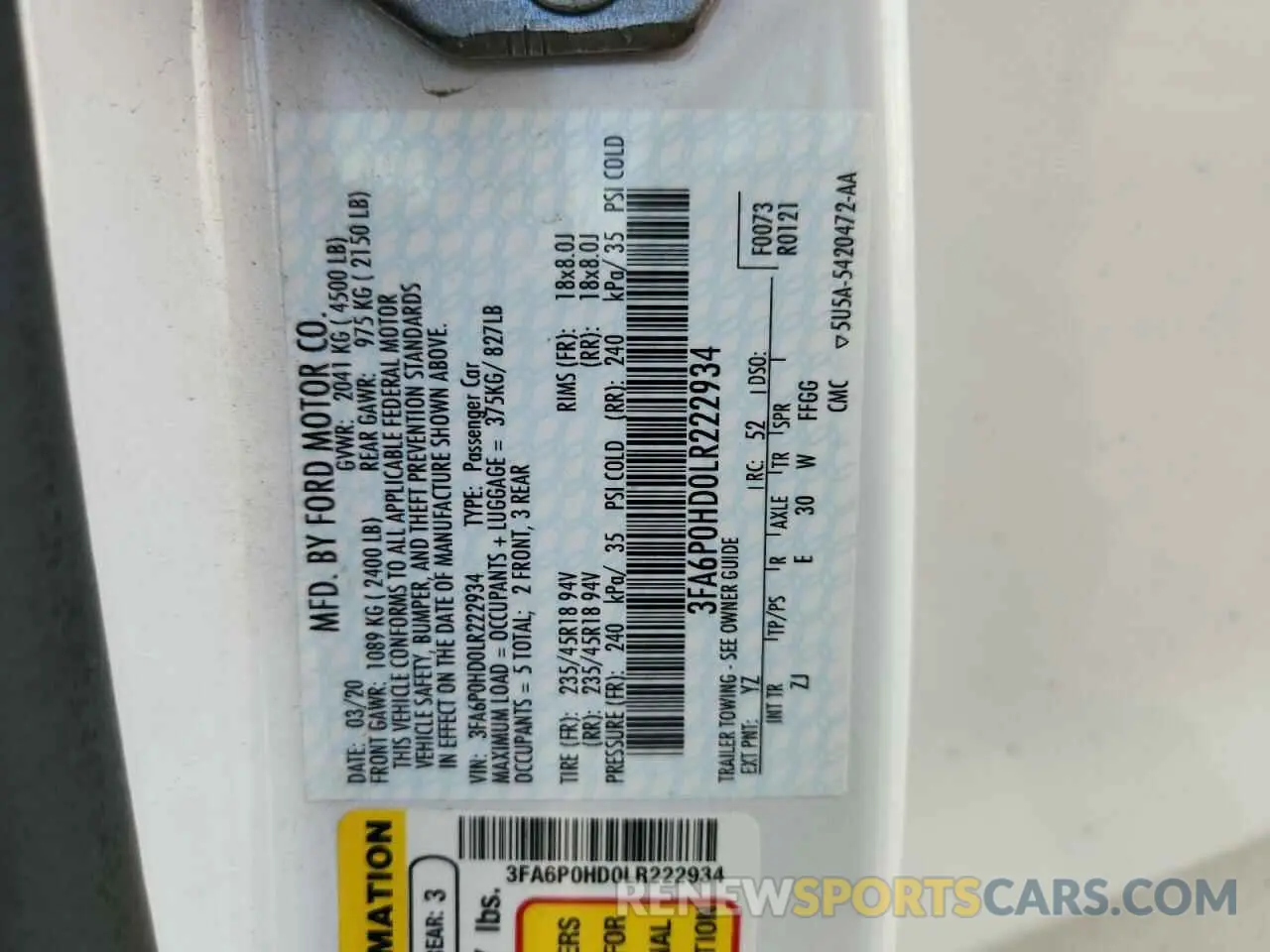 12 fotografías del automóvil dañado 3FA6P0HD0LR222934 FORD FUSION 2020