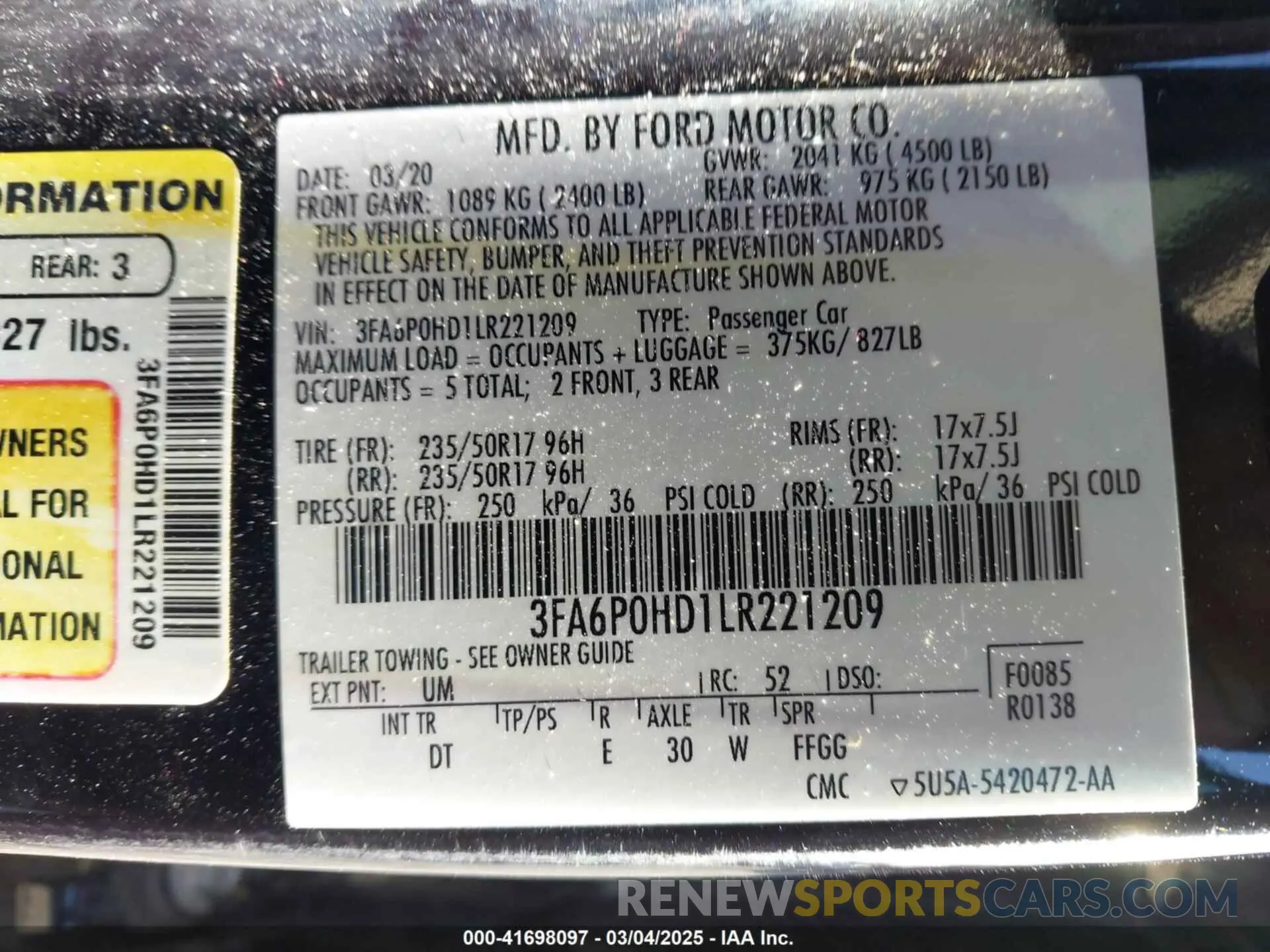 9 fotografías del automóvil dañado 3FA6P0HD1LR221209 FORD FUSION 2020