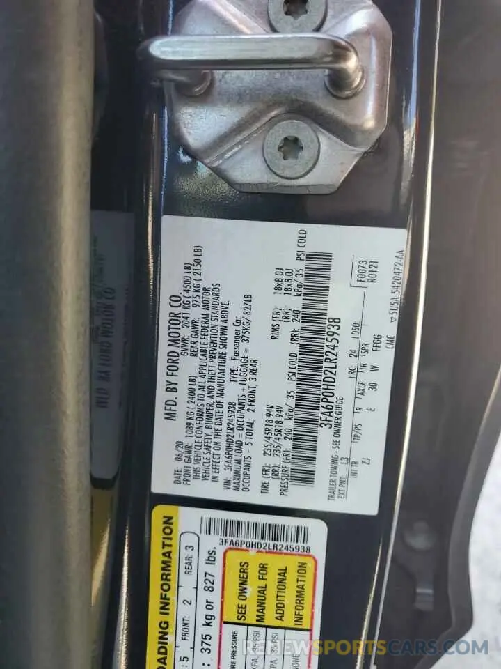 12 fotografías del automóvil dañado 3FA6P0HD2LR245938 FORD FUSION 2020