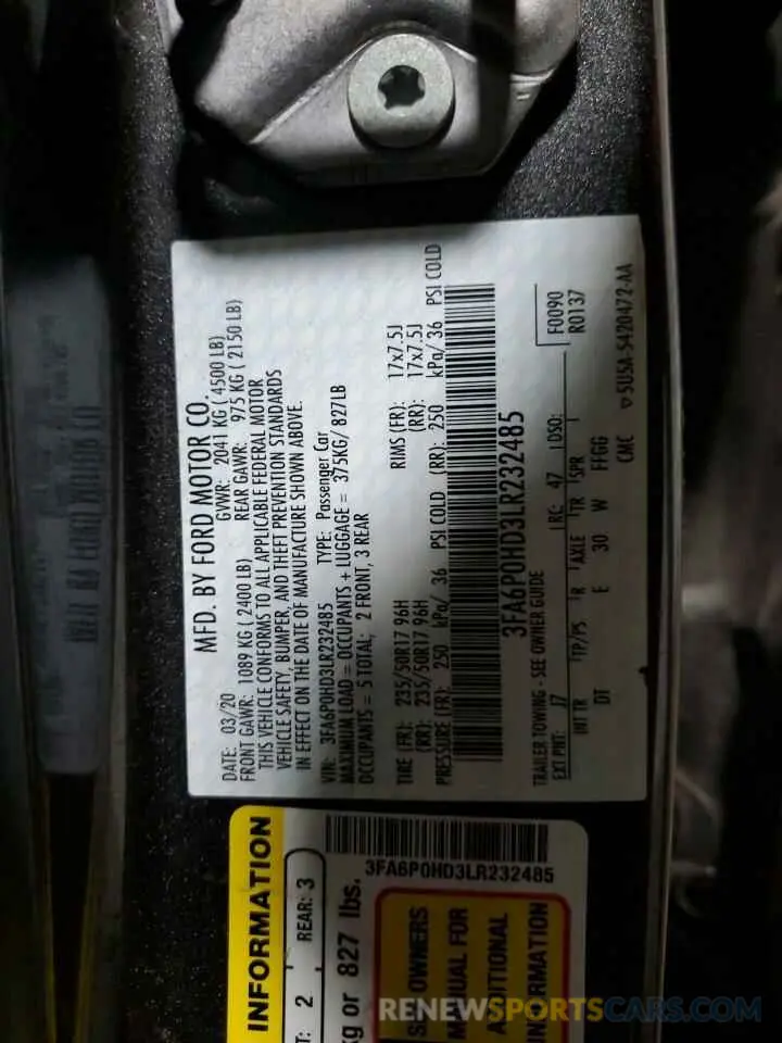 12 fotografías del automóvil dañado 3FA6P0HD3LR232485 FORD FUSION 2020