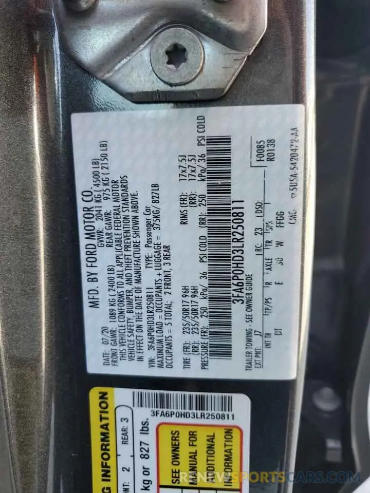 13 fotografías del automóvil dañado 3FA6P0HD3LR250811 FORD FUSION 2020