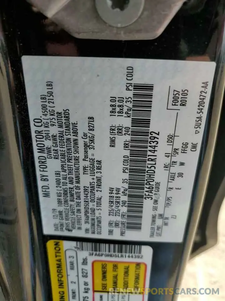 12 fotografías del automóvil dañado 3FA6P0HD5LR144392 FORD FUSION 2020