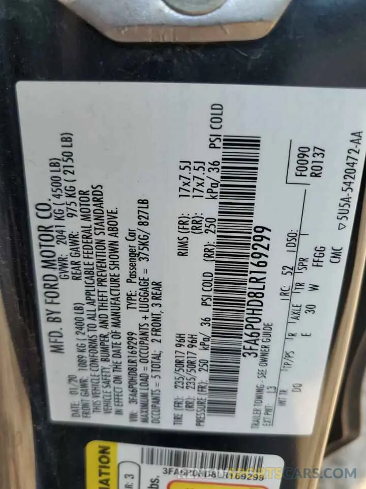 12 fotografías del automóvil dañado 3FA6P0HD8LR169299 FORD FUSION 2020