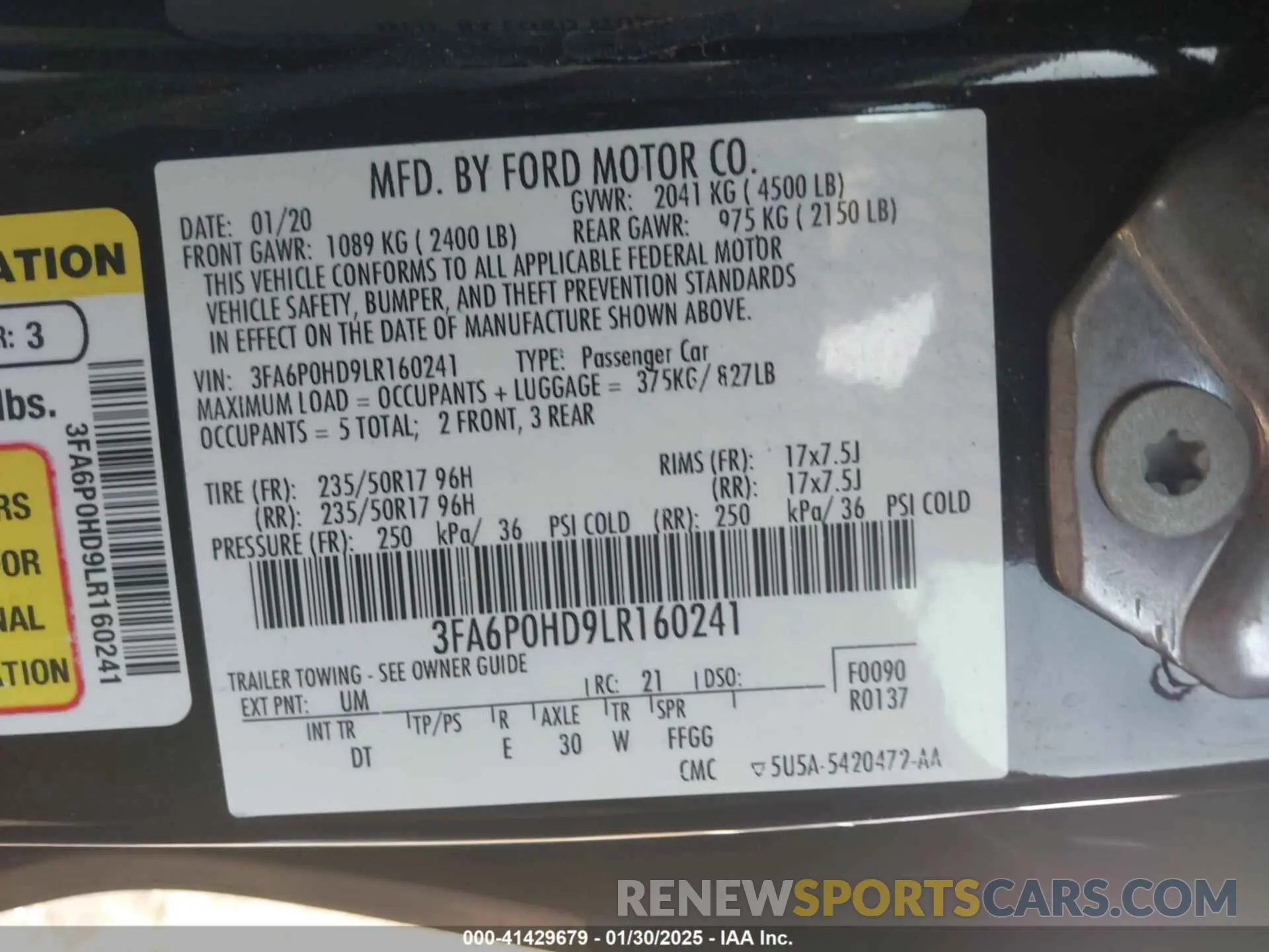 9 fotografías del automóvil dañado 3FA6P0HD9LR160241 FORD FUSION 2020