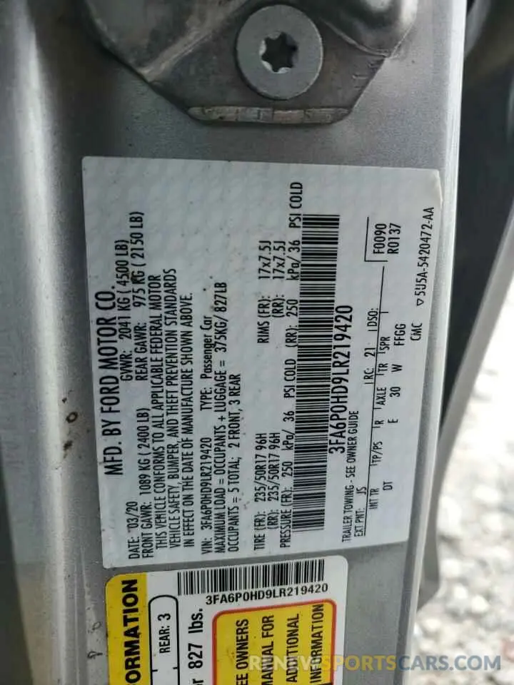 12 fotografías del automóvil dañado 3FA6P0HD9LR219420 FORD FUSION 2020