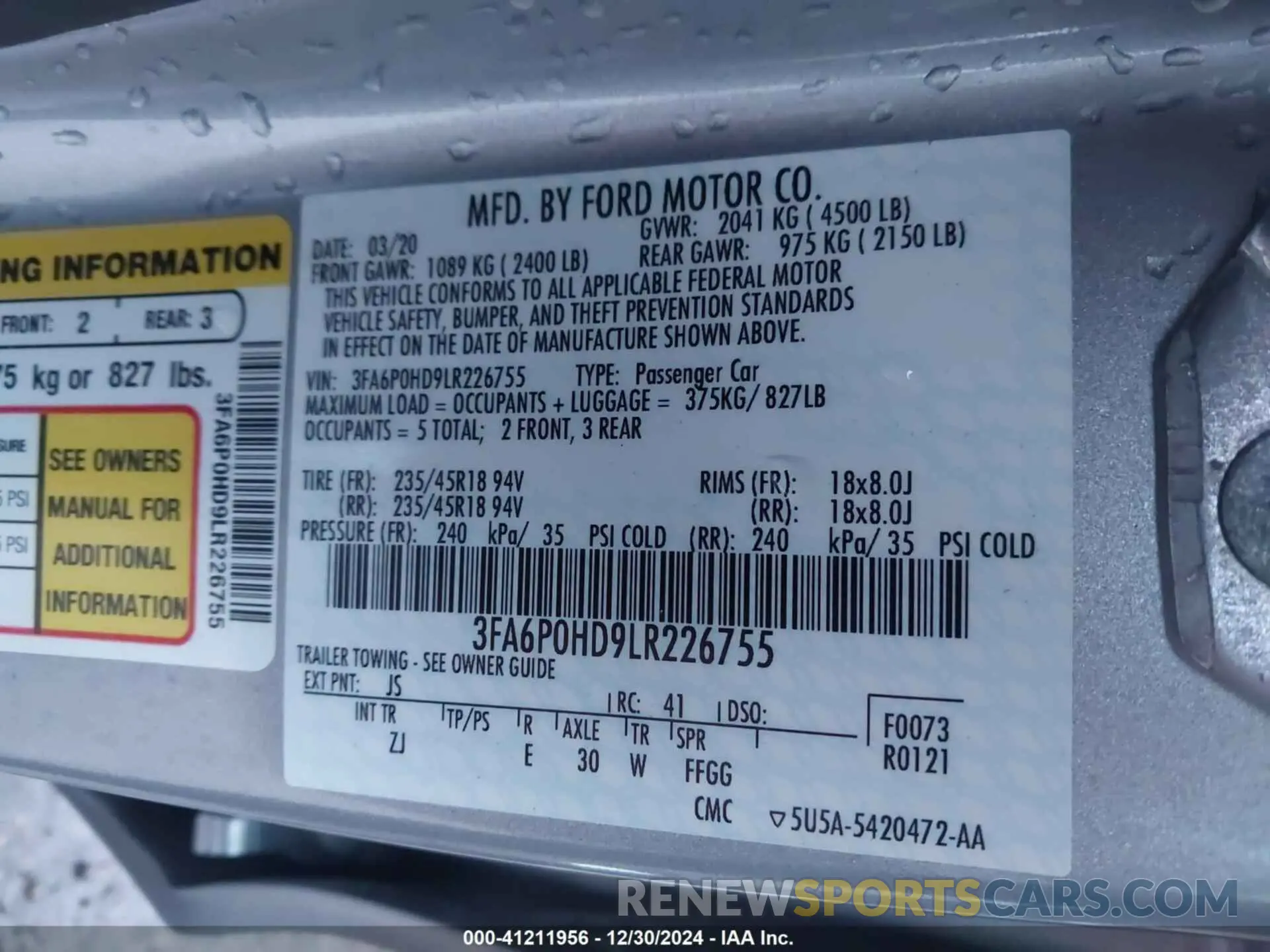 9 fotografías del automóvil dañado 3FA6P0HD9LR226755 FORD FUSION 2020