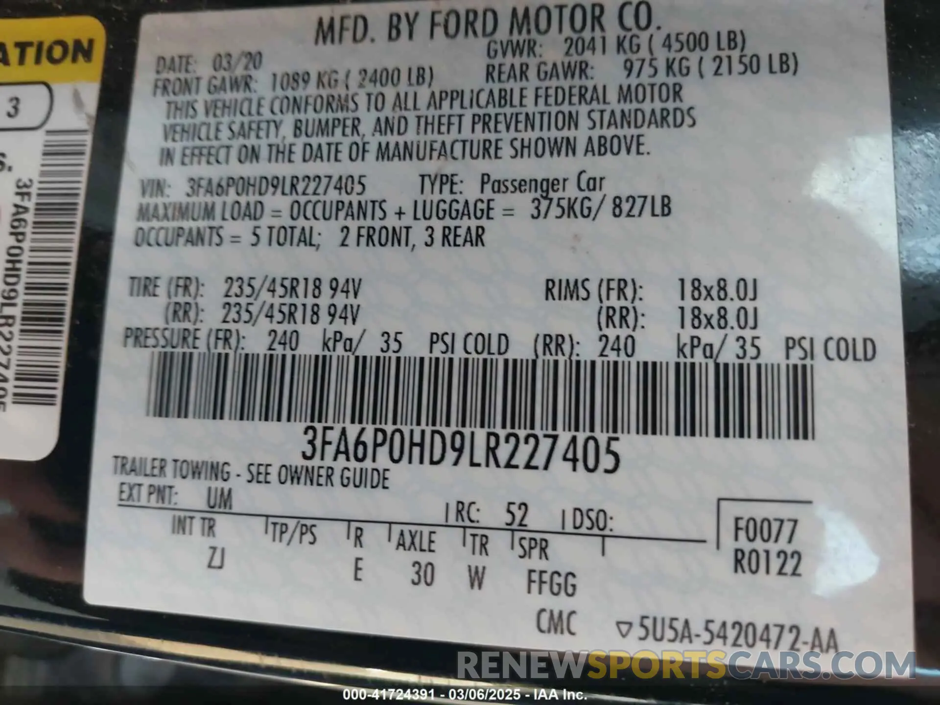 9 fotografías del automóvil dañado 3FA6P0HD9LR227405 FORD FUSION 2020