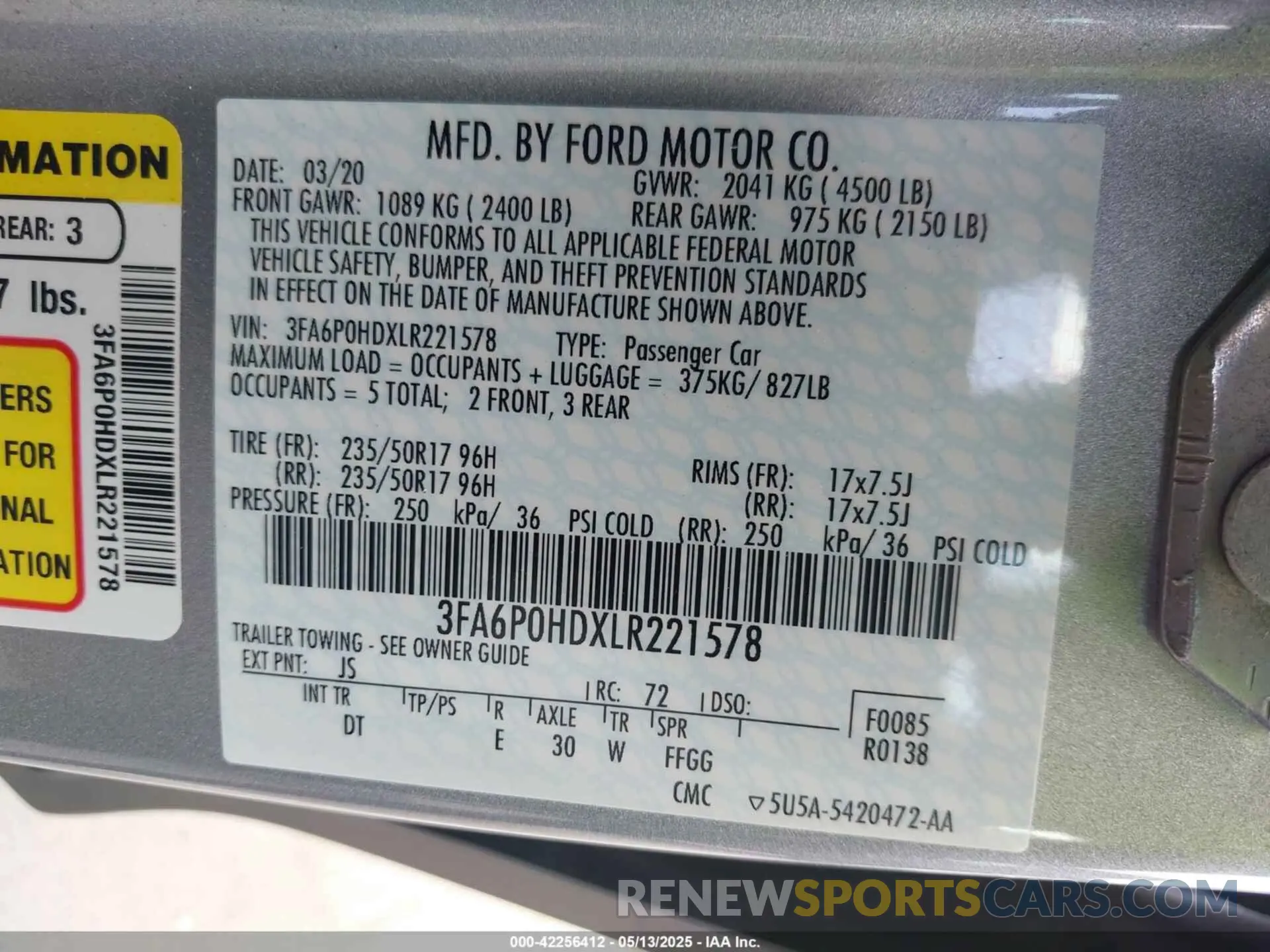 9 fotografías del automóvil dañado 3FA6P0HDXLR221578 FORD FUSION 2020