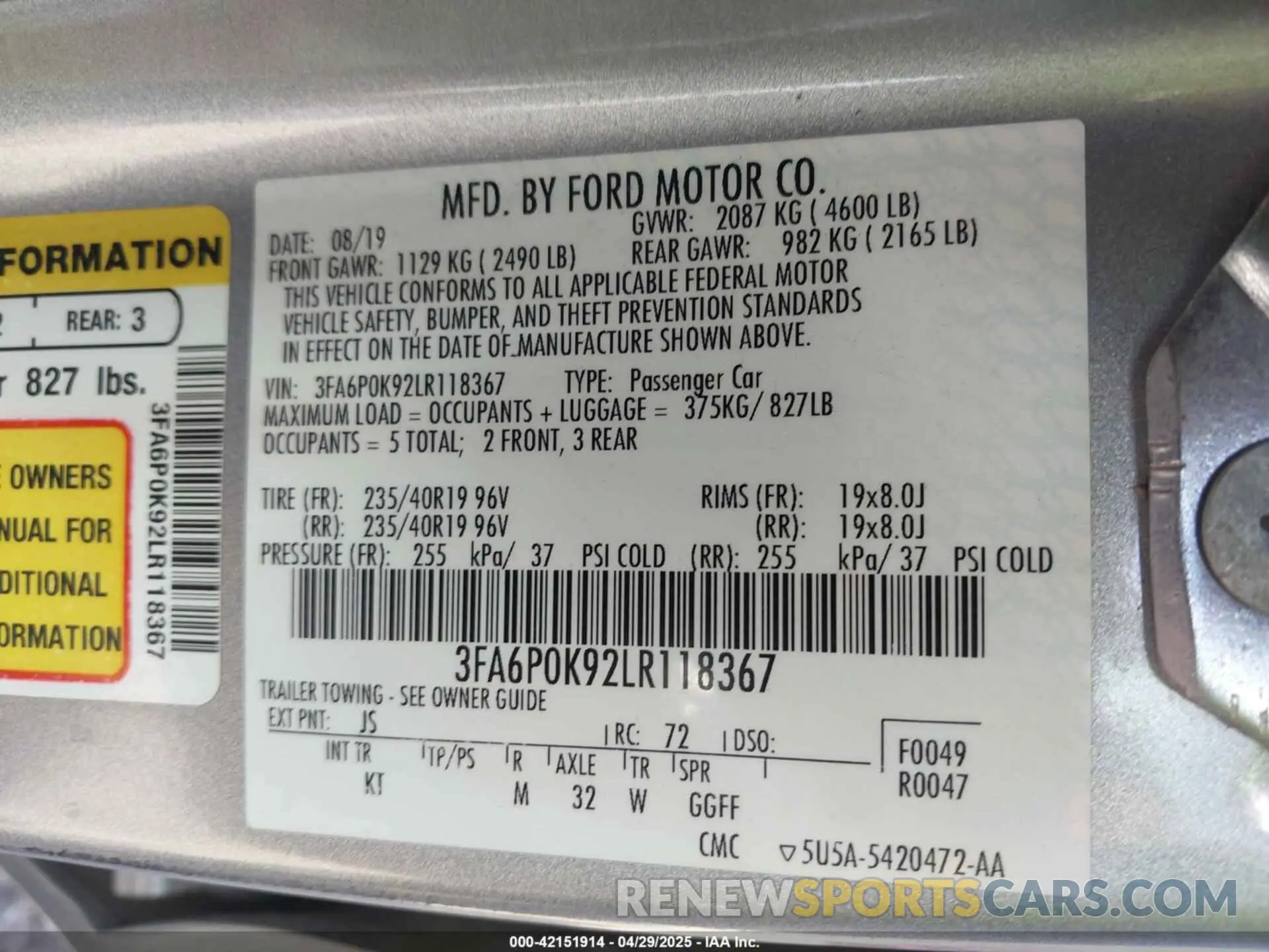 9 fotografías del automóvil dañado 3FA6P0K92LR118367 FORD FUSION 2020