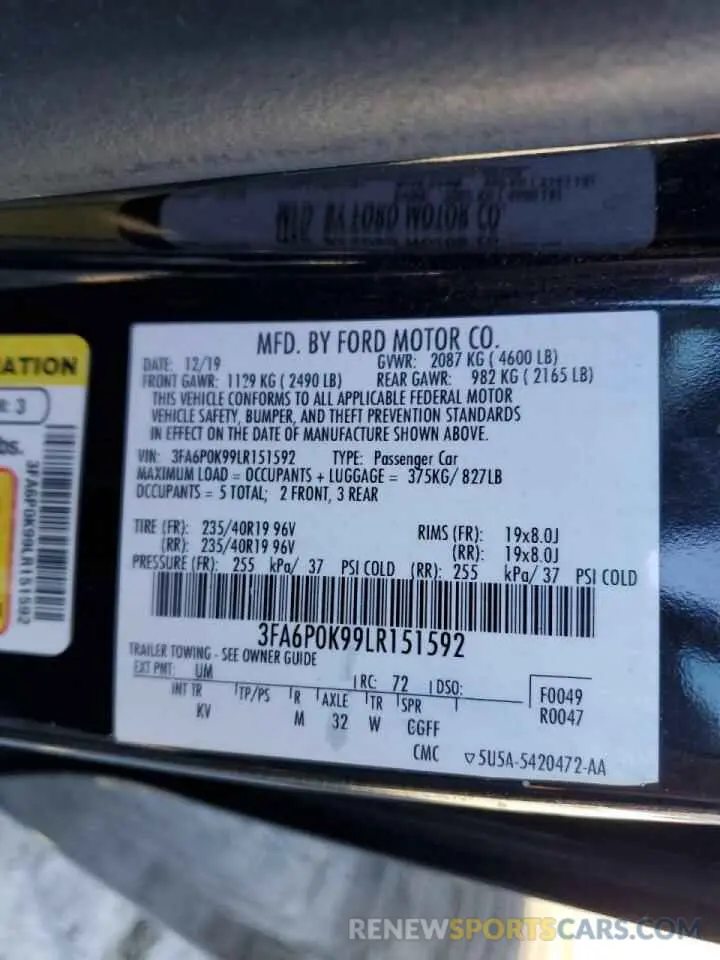 12 fotografías del automóvil dañado 3FA6P0K99LR151592 FORD FUSION 2020